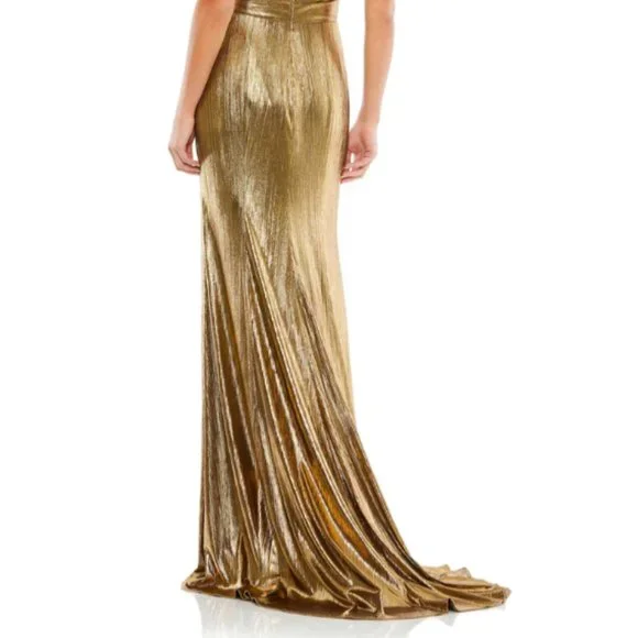 MAC DUGGAL26408METALLIC FAUXWRAP SPAGHETTI STRAPS BRONZE GOWN sz 2